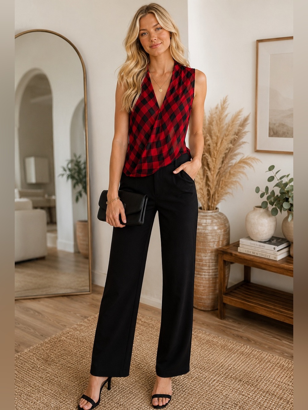 New York & Company Red & Black Plaid Sheer Draped Faux Wrap Blouse Sz S